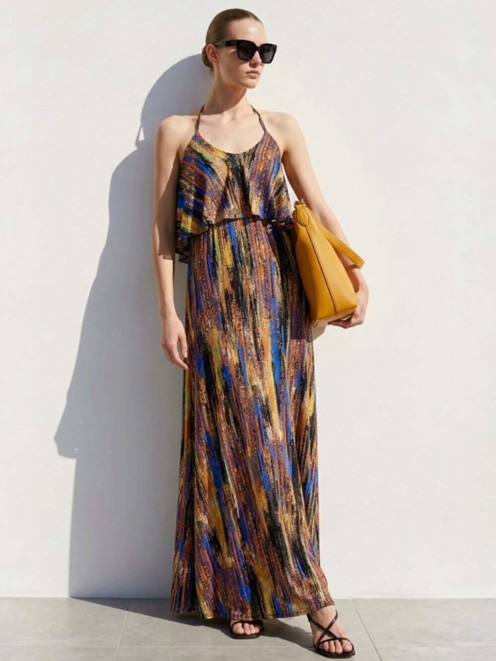 Veronica M Boho Ruffle Printed Maxi Dress Sz M Flowy Tropical Resort Beach